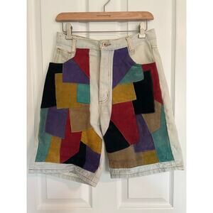 Vintage Seruchi Original Denim Shorts Suede Patchwork Front Light Wash Size 9/10